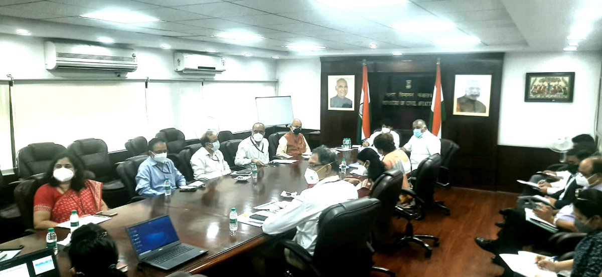 MoCA_GoI's tweet photo. Newly appointed HMCA, Sh @JM_Scindia ji chaired a meeting to review the ongoing work in MoCA and discussed the way forward.  Sh @Gen_VKSingh ji,  MoS, MoCA, along with all the senior officials were also present during the meeting. https://t.co/5q4LdAx7ao