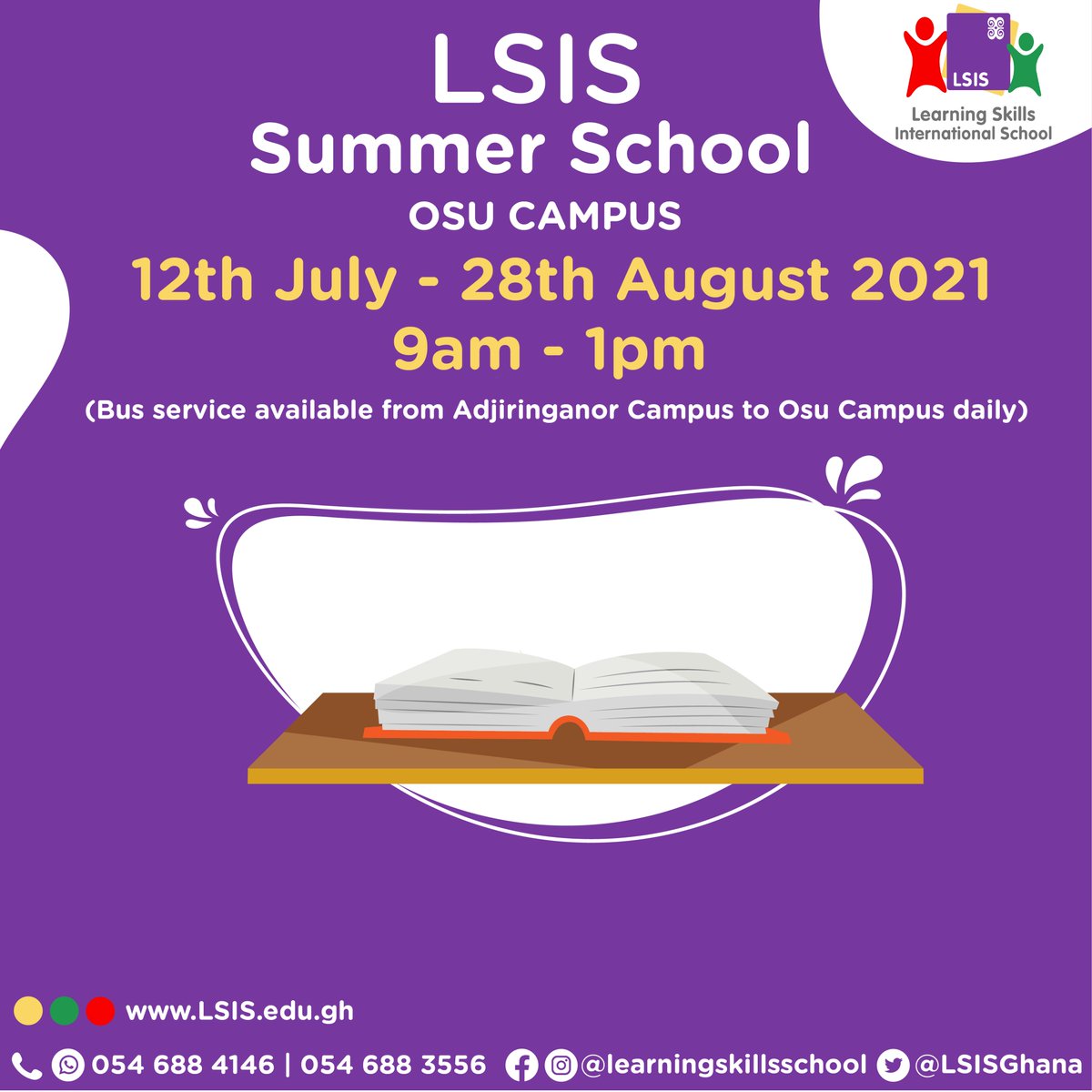 LSISGhana's tweet photo. LSIS is offering a variety of programs for kids ages 3-12 year olds this summer. The Summer Program has the potential to help kids improve various critical skills and enrich them academically.
GHC1,100 (for 4 weeks) and GHC1,650 (for 6 Weeks).
Contact 054 688 3556 / 054 688 4146 https://t.co/GBHYyLClUR