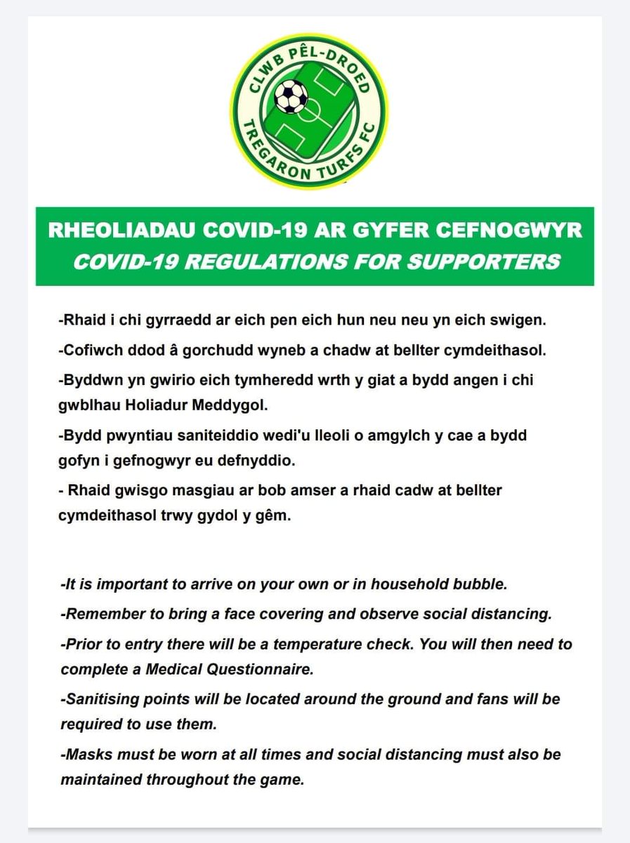 Rydym yn edrych mlan i groesawu pawb i'r gem yfory. Dyma'r rheoliadau ar gyfer cefnogwyr.

We are looking forward to welcoming everyone to the game tomorrow. These are the rules for supporters.