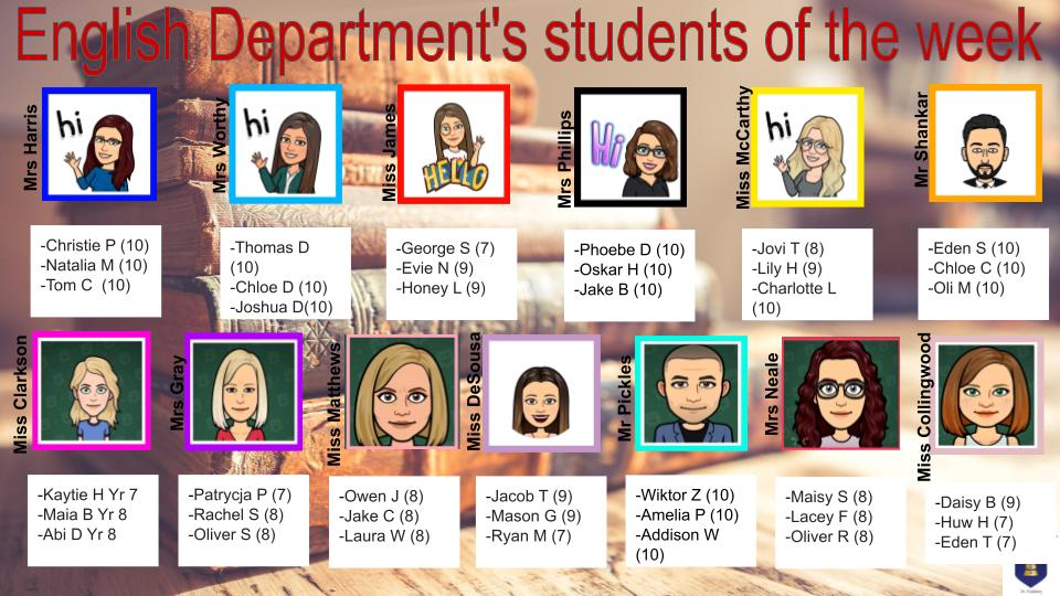 English Department's praise for last week. Congratulations everyone!
<a href="/PrincipalWCSA/">Jacqui Scott</a> @WorleSchool <a href="/MrsJ_Gray/">MrsJGrayWCSA</a>
 @WCSAMrsPhillips @ADesousa_WCSA #praise #superstars #worle
