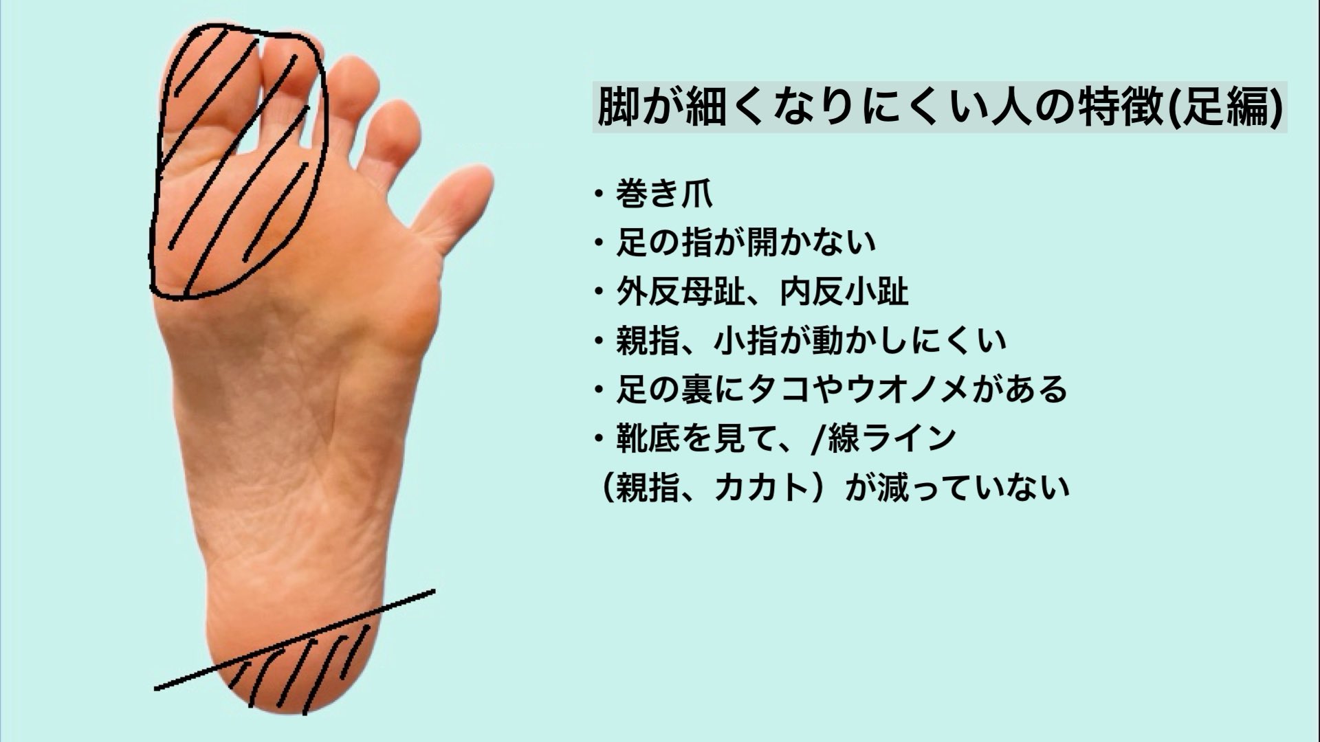 ユウトレ 99 の脚が細くならない方に当てはまる足の特徴 ひとつでも当てはまると 太ももやふくらはぎが太くなってしまう原因になるかも これだけやれば脚が痩せる という方法はないが 足の指を動かす練習は非常に大切 指が動けば脚の負担が減り 今 ユウトレ 99 の脚が細くならない方に当てはまる足の特徴 ひとつでも当てはまると 太ももやふくらはぎが太くなってしまう原因になるかも これだけやれば脚が痩せる という方法はないが 足の指を動かす練習は非常に大切 指が動けば脚の負担が減り 今