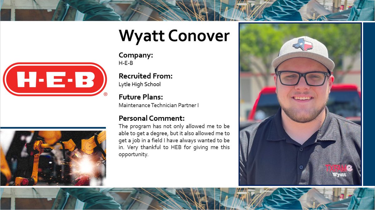 TX_Fame's tweet photo. Happy #FameFriday! Next in our Meet The Technicians series, from @lytleisd, meet Wyatt Conover
#advancedmanufacturingcareers #meetthetechnicians #FameFriday https://t.co/UYoatbUUdG