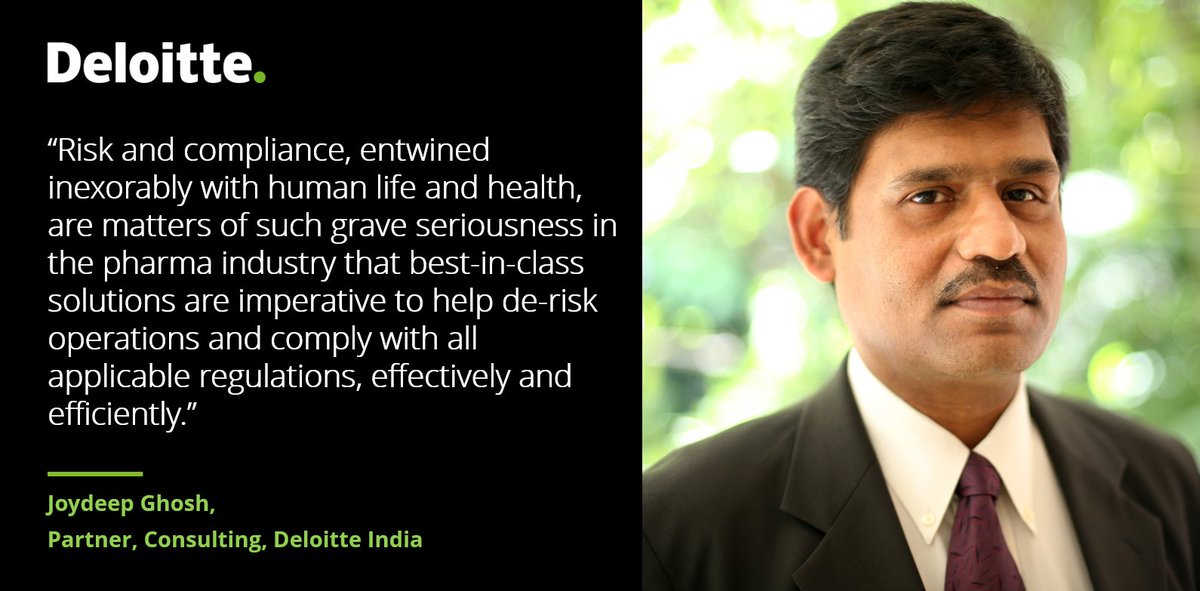 DeloitteIndia's tweet photo. #Risk and #compliance matters are of utmost seriousness in the #pharma industry, given that it deals with human life and health. That is why best-in-class solutions are essential to help de-risk pharma operations and comply with all regulations, effectively and efficiently. https://t.co/HZKYQ6JYwi