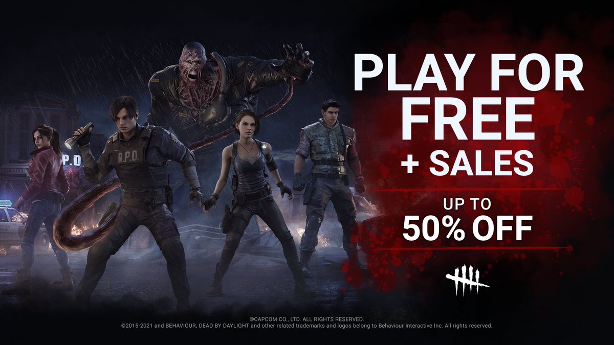 公式 Dead By Daylight セール情報 現在 Steam版 Playstation版 Xbox版で ゲーム本体や一部dlcが最大50 Offとなるセール開催中 またsteam版では無料プレイウィークエンド開催中 Playstation版では試用版を配信中です すでに持ってる人
