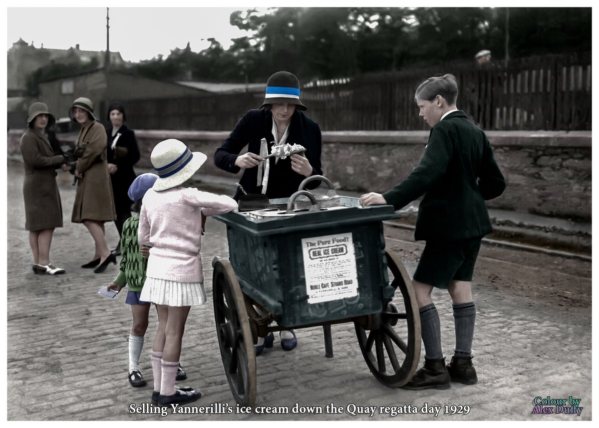 reminiscenceco's tweet photo. Selling Yannerilli’s ice cream down the Quay during a #regattaday #Derry city, 1929. 
#Derry #Londonderry #Ireland #history #photorestoration #photocolourisation #historyincolour https://t.co/jxgmxgouoT