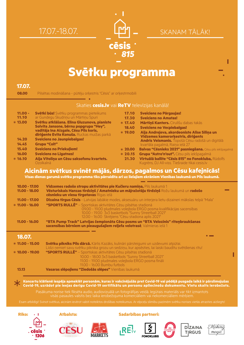 Liekam jaunu bildi iekšā! Cēsu lielākā ballīte jau nākamnedēļ! 🥳 "Cēsis 815" programma ar klātienes koncertiem "Skanam tālāk!". 🎶

Svētku kulminācijā apbalvosim "Gada cēsnieku 2021", uzstāsies Aija Andrejeva, Vidzemes kamerorķestris, grupa Astro'n'out. 
cesis.lv/lv/novads/aktu…
