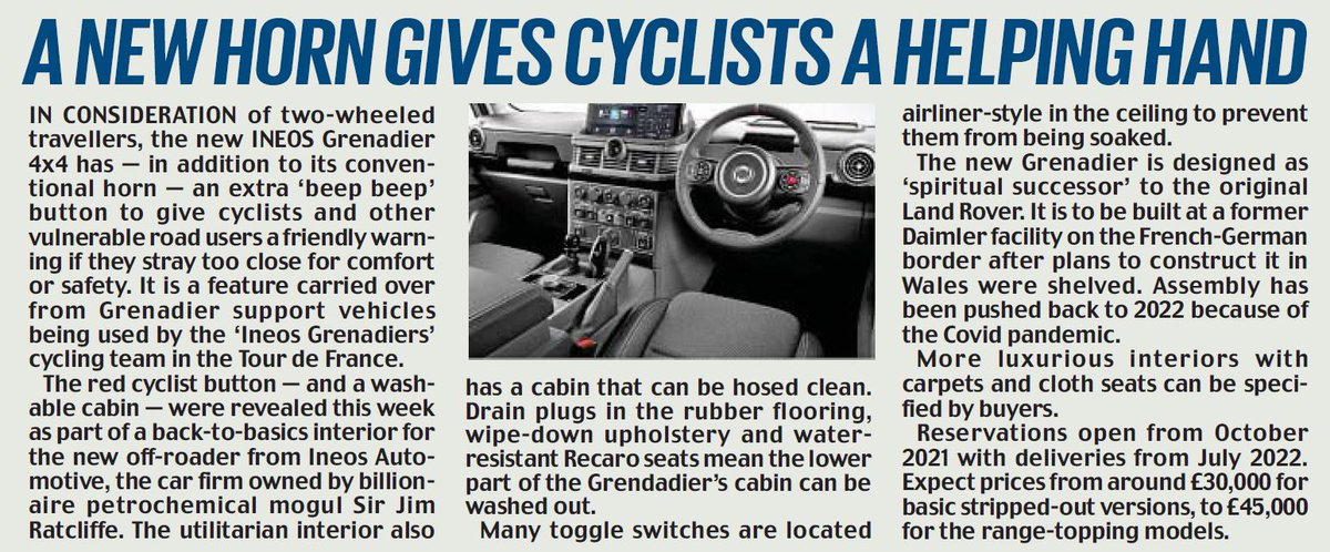 raymasseytweets's tweet photo. Do you give a 'toot' about #cyclists? The new @INEOSGrenadier #4X4 does. Read me in #MotorMail @DailyMailUK . @INEOS @theJeremyVine @skpelling @MotorMeat @PFPR_Comms #Cycling #RoadSafety @IAMRoadSmart @NeilJGreig @AAPresident @HowardCCox @redditchrachel #INEOS #IneosGrenadier https://t.co/LwAEFZIHd4