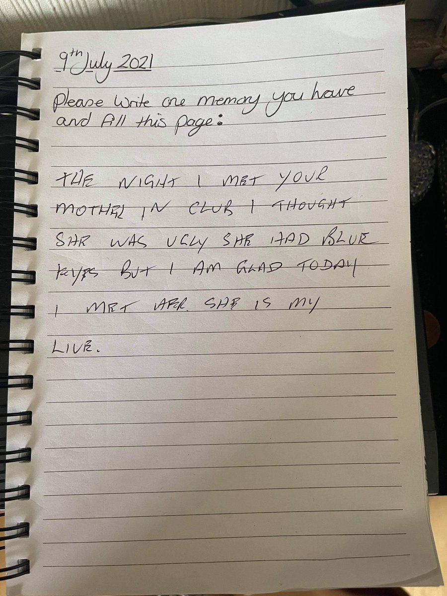 KayleiOK's tweet photo. So my dad suffers with dementia and got him to write one memory down a day.. this was his first memory 😂😂😂😂 #dementia https://t.co/LgUu1nk4lc