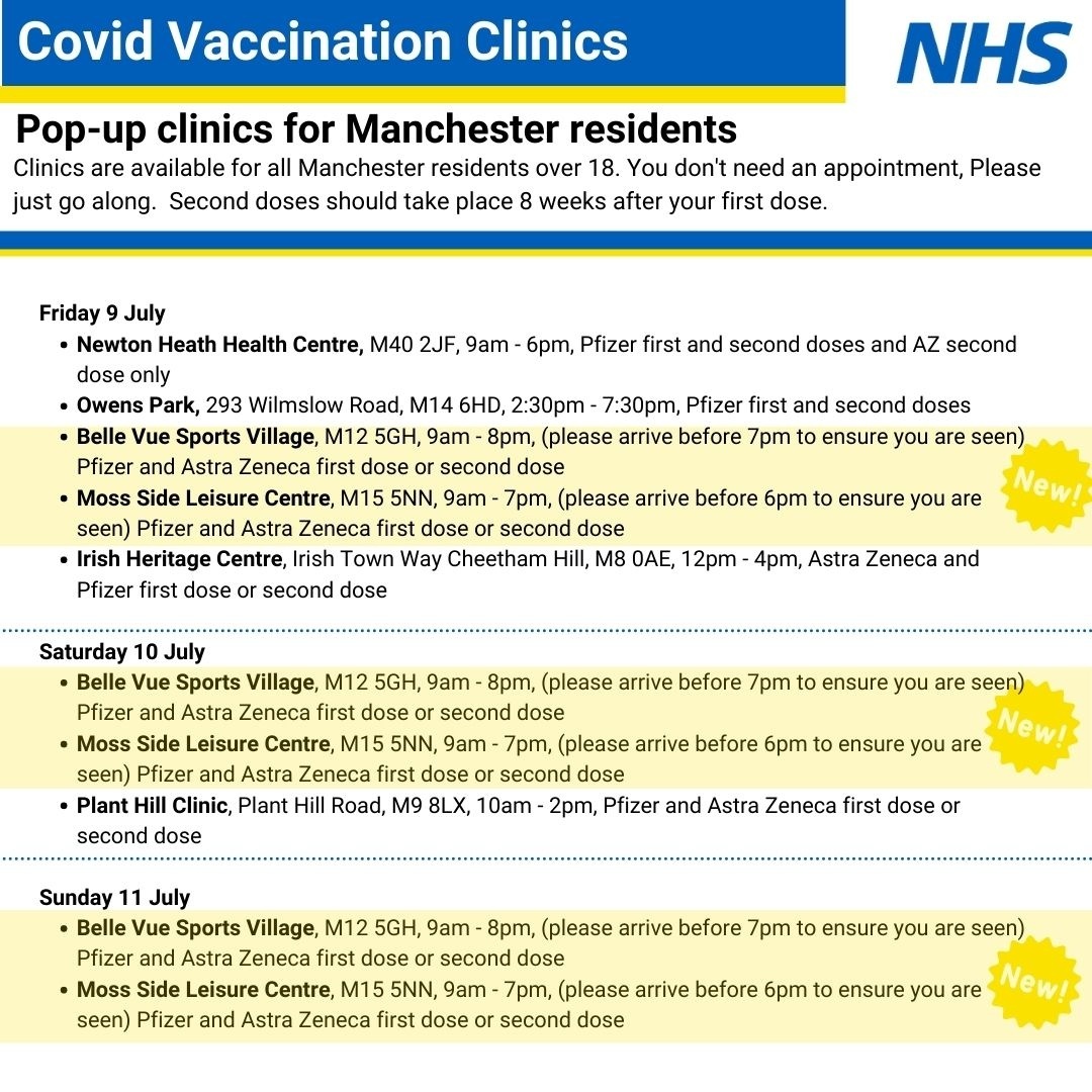 Need a Covid jab? Here are all of our walk in clinics for Manchester residents taking place this weekend 👇😍