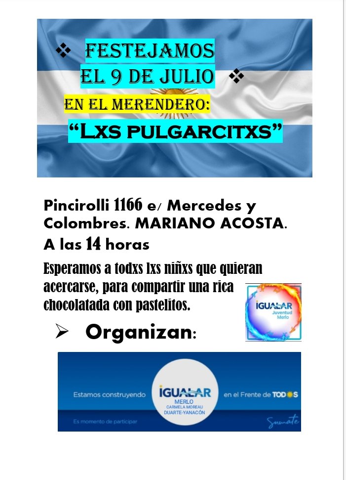 MerloIgualar's tweet photo. 📢 Hoy festejamos el 9 de julio y no podía ser de otra manera, militando, siendo solidarios, ayudando a los que menos tienen.
Junto con nuestros nuestros referentes distritales de @IgualarMerlo DUARTE-YANACÓN.
#estiempodeigualar👇 https://t.co/t2j8hgzmSs