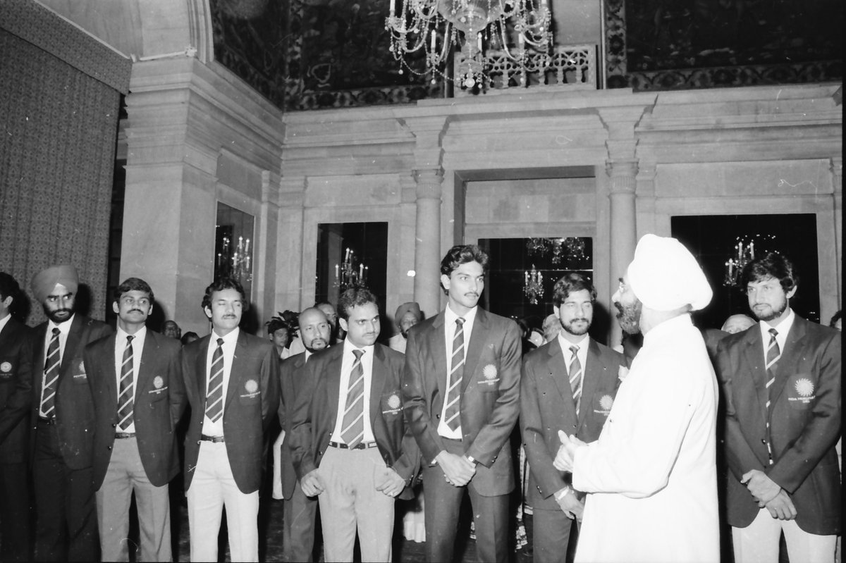 On this day in 1983, President Giani Zail Singh felicitating the World Cup winning Indian cricket team led by skipper @therealkapildev at Rashtrapati Bhavan.