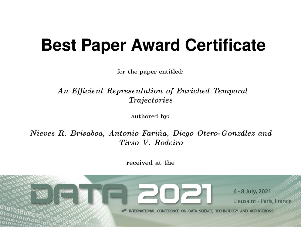 citicresearch's tweet photo. Los investigadores Nieves R. Brisaboa, Antonio Fariña, Tirso V. Rodeiro y Diego Otero González han recibido un premio al mejor papel en la conferencia #DATA2021 por su trabajo “An Efficient Representation of Enriched Temporal Trajectories”.
➡️ https://t.co/y95Mm8s9lX https://t.co/HETI5dHMJL