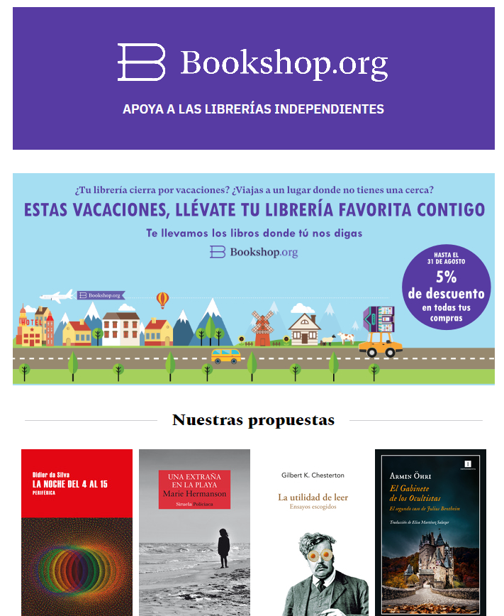 Le damos la bienvenida a julio con una nueva newsletter 📩 Te traemos nuestras propuestas para el verano y las recomendaciones de las librerías 📚

Puedes leerla aquí: mailchi.mp/bookshop.org/m…