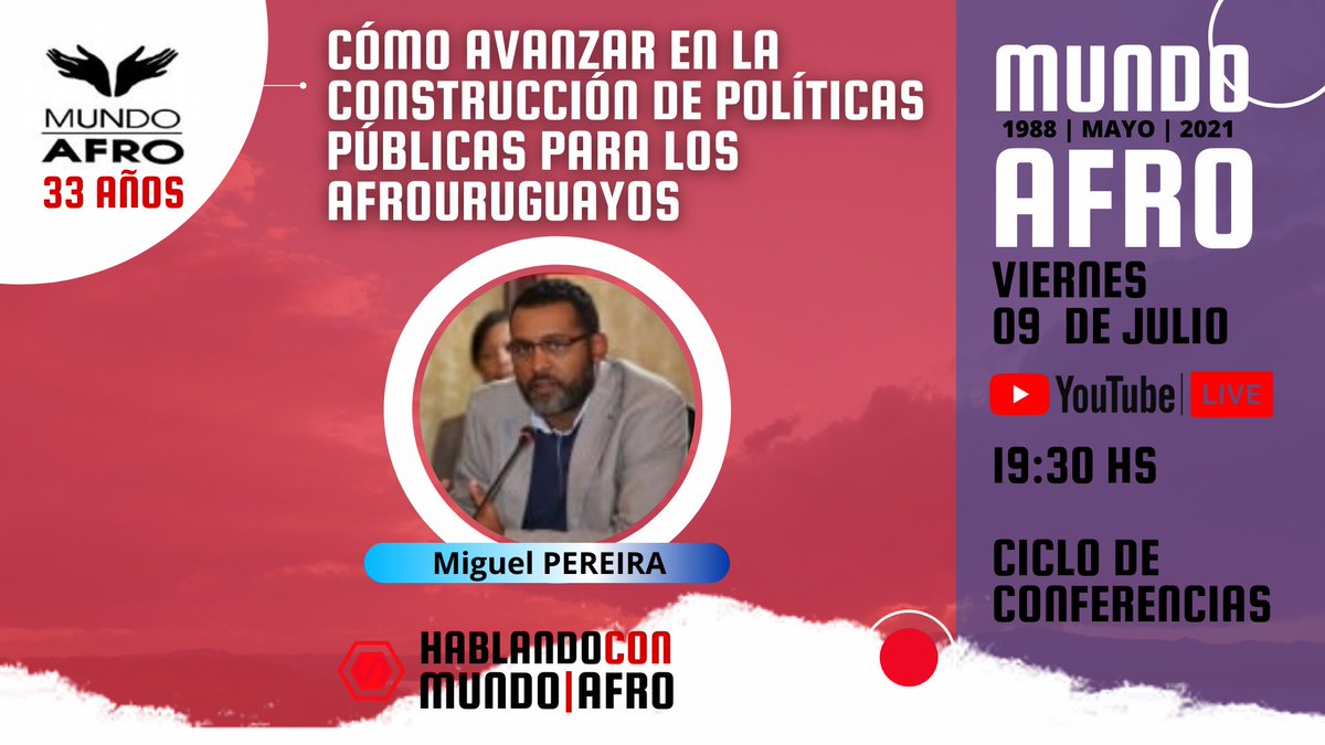 mundoafro_'s tweet photo. #EsHoy
Este #viernes #9Julio desde las 19:30 Conferencia de .@mundoafro_ en sus 33 años a cargo de @MiguePereira79
Seguila #EnVivo acá >>https://t.co/UwwIkwqpiJ
Somos #MundoAfro
#Uruguay https://t.co/l2rvQkpv2s