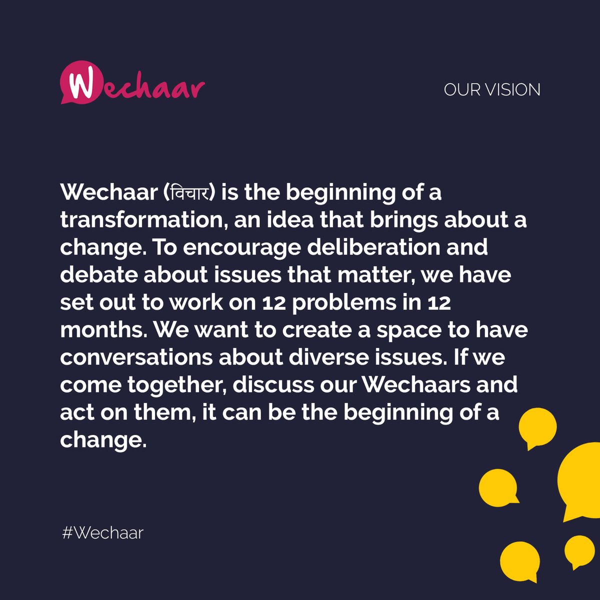Wechaar's tweet photo. We believe that a conversation goes a long way to create an impactful change. Join us on our journey to have some interesting conversations through our blogs, stories and much more!
PS: Stay tuned for our big reveal of this Mahiney ka Mudda!
#Wechaar #news #staytuned #vision https://t.co/D9OGuKamjX