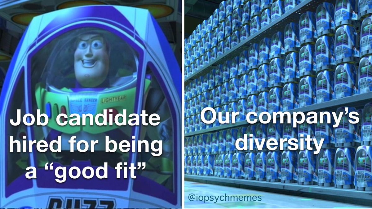 A little part of me dies inside every time I hear someone say they hire for “fit.” That typically translates to “someone who is like the rest of us.” #hiring #selection #diversity #OHPsych #IOPsych #iopsychmemes #psychology #psychologymemes #psychmemes #APpsych