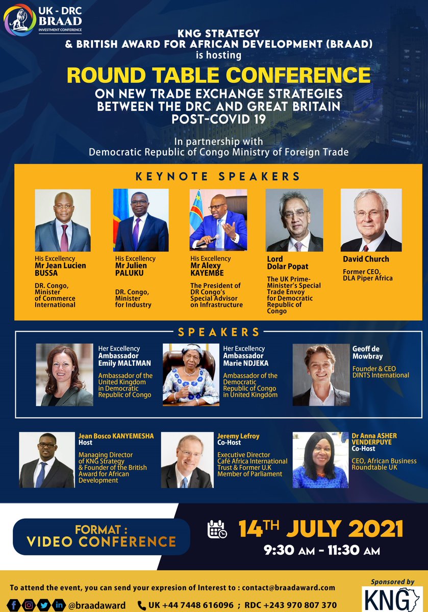 BraadAward's tweet photo. We are hosting a round table to discuss economic exchanges between Great Britain and the DR Congo to help the development of priority industries in relation to the vision of the President.
It's an invite-only event, send expression of interest to attend on contact@braadaward.com https://t.co/FCYwF4526U