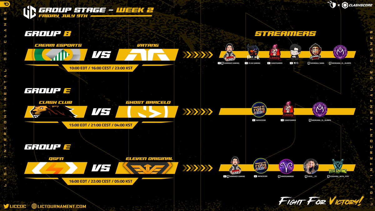 🏆 WEEK 2 - GROUP STAGE 🏆

🇪🇦 Penúltimo día de la Semana 2 con estas 3 grandes guerras 🤩🥳 No olvides seguirlas en directo a través de nuestros Streamers 😎🤙🏽

🇬🇧 Penultimate day of Week 2 with these 3 great wars 🤩🥳 Don't forget to follow them live through our Streamers 😎🤙🏽