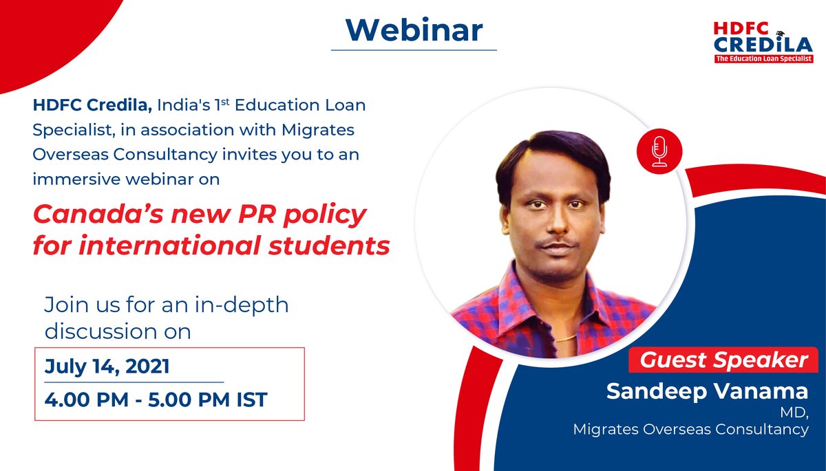 CredilaFinserv's tweet photo. Let’s decode what Canada’s new PR policy means for our student community. Register today, to prepare for a stronger tomorrow.
Register Now- https://t.co/NyAnCHAbZg
#HDFCCredila #Webinar #studyincanada #msincanada #studyabroad #highereducation #pr https://t.co/qbYy2tJVbS