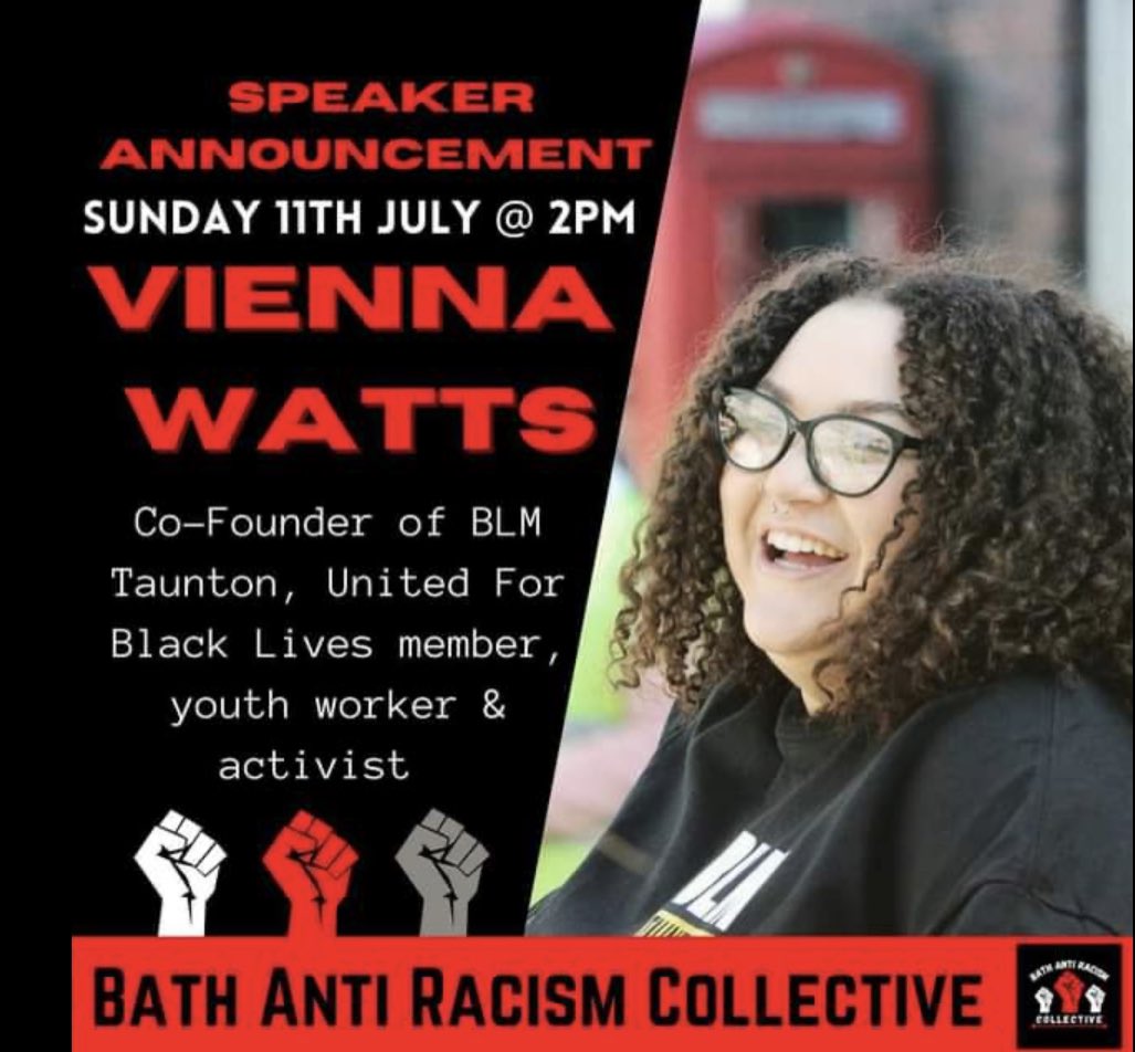 🗣 pass it on: 

The opposite of racism is not ‘not racist’, it’s ‘Anti Racist’❗️

This Sunday, 11th July @ 2pm
Royal Victoria Park, #Bath 

Peaceful Anti Racism Demonstration #BlackLivesMatter 

Don’t forget your mask 😷