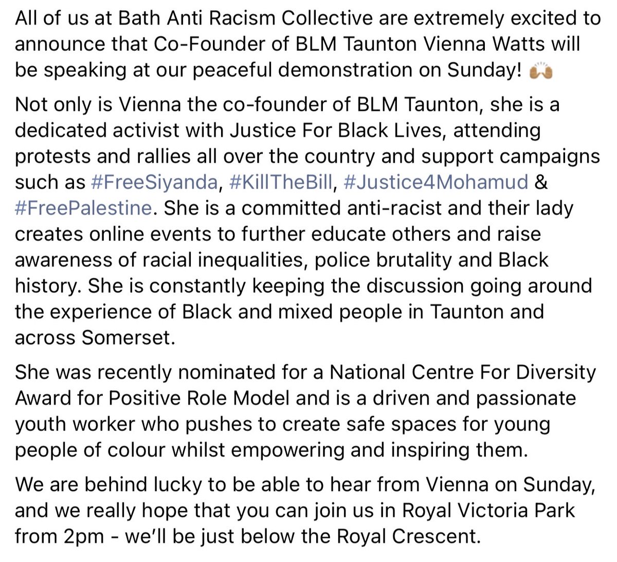 In addition to Vienna Watts, there will be lots of people of colour from our community speaking. So please come along and show your support ✊

During the first half hour there will be opportunity to mingle, check out community stalls and make banners. 
#BlackLivesMatter #Bath