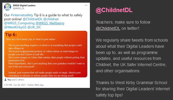 Thanks <a href="/ChildnetDL/">Childnet Digital Leaders Programme</a> for mentioning us in your monthly newsletter! <a href="/WestKirbyGS/">West Kirby Grammar School</a> <a href="/WKGS_Computing/">WKGS Computing Dept</a> <a href="/WKGS_Wellbeing/">WKGS Wellbeing</a>