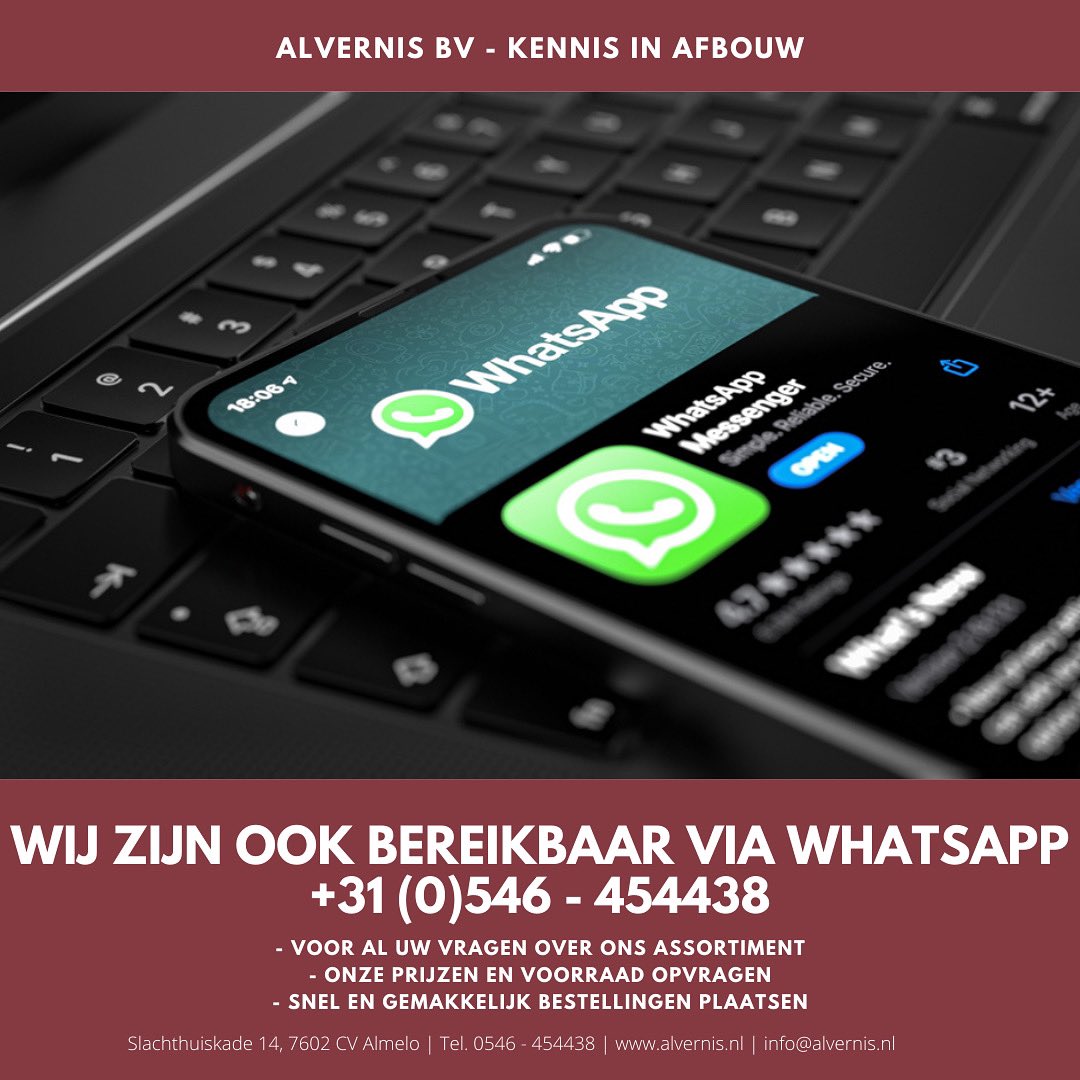 Alvernis is ook bereikbaar via WhatsApp! +31 (0)546 - 454438.

- Voor al uw vragen over ons assortiment.
- Onze prijzen en voorraad opvragen.
- Snel en gemakkelijk bestellingen plaatsen. 

Klik op de volgende link om ons toe te voegen aan uw contacten.
wa.me/message/TXE2JI…