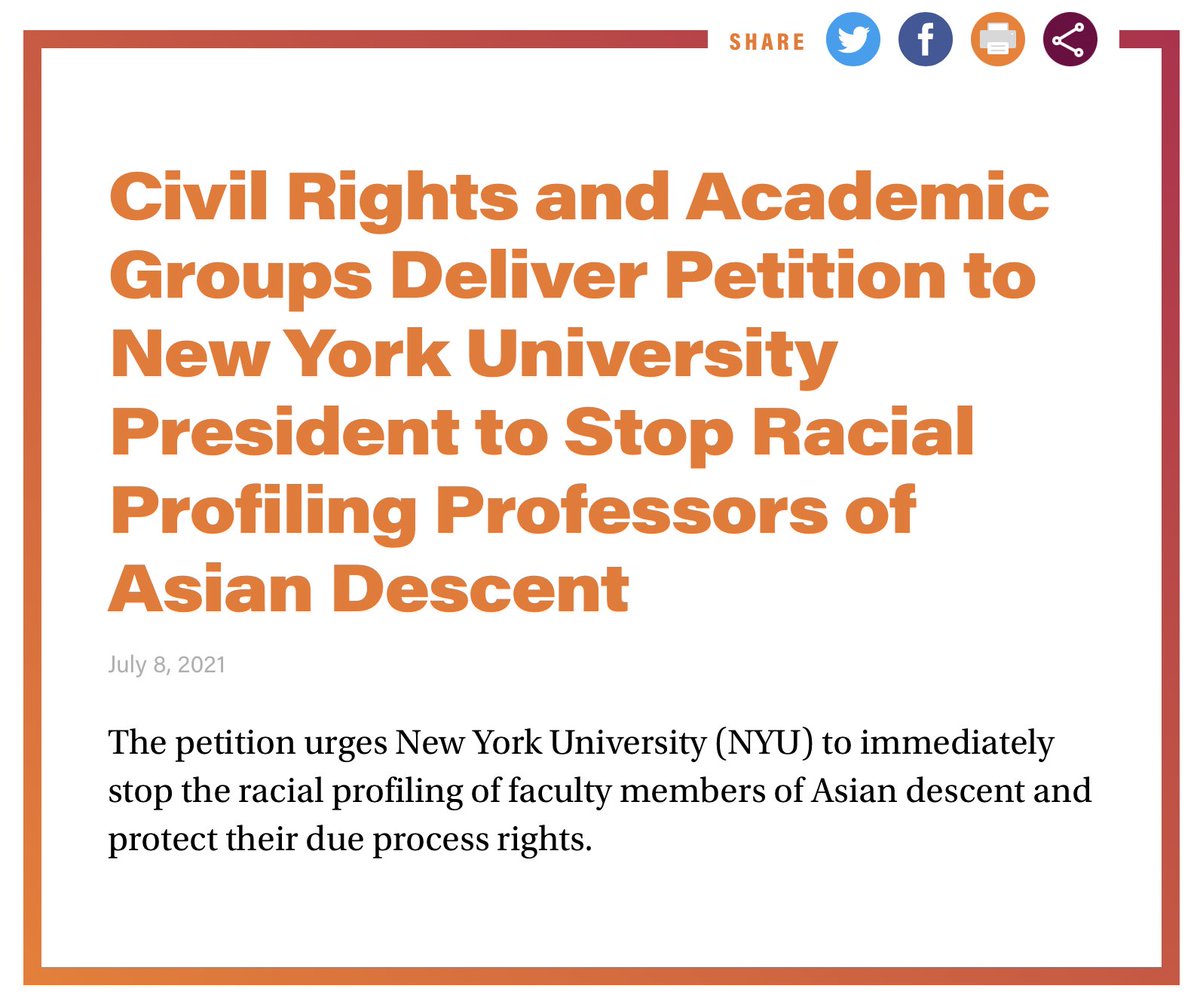 The @aaup_nyu, @AAAJ_AAJC, and @GSOCUAW delivered a petition to NYU President Andrew Hamilton with over 1,100 signatures urging NYU to stop racially profiling faculty of Asian descent and protect their due process rights advancingjustice-aajc.org/press-release/…