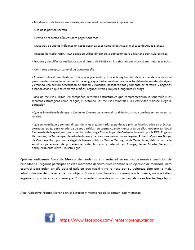 FrenteMorena's tweet photo. Manifiesto del FME y afines referente a la decisión de INE que excluye a los mexicanos en el extranjero de la consulta popular para enjuiciar a los expresidentes.

https://t.co/FE5P4vEl6f https://t.co/UbcZtrQKKm