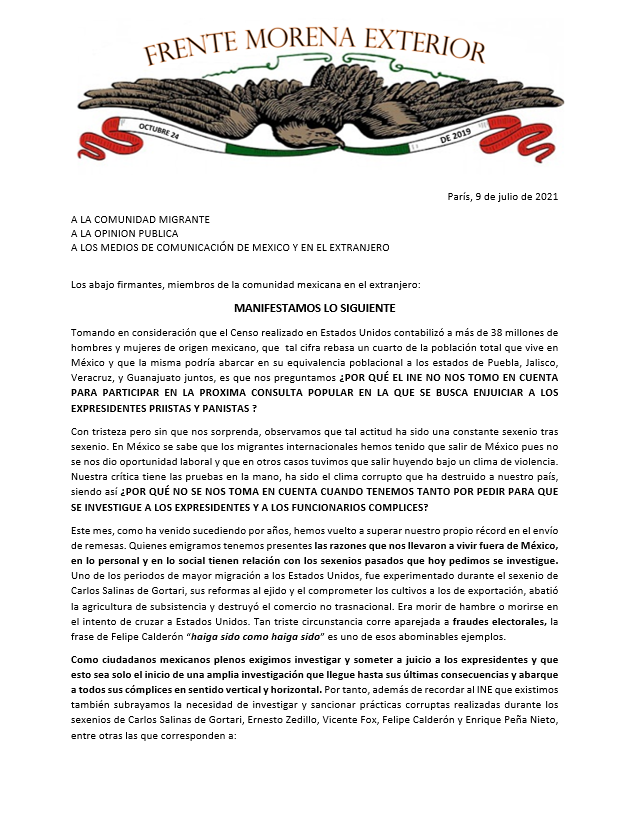 FrenteMorena's tweet photo. Manifiesto del FME y afines referente a la decisión de INE que excluye a los mexicanos en el extranjero de la consulta popular para enjuiciar a los expresidentes.

https://t.co/FE5P4vEl6f https://t.co/UbcZtrQKKm