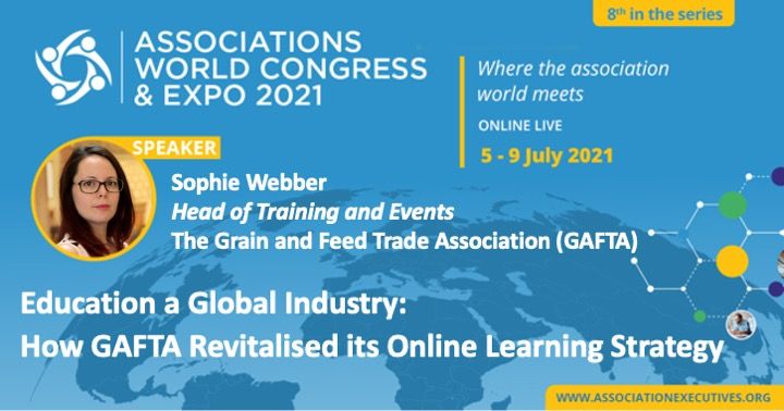 AssnExecs's tweet photo. Sophie Webber, Head of Training and Events, The Grain and Feed Trade Association is about to start talking on "Education a Global Industry: How GAFTA Revitalised its Online Learning Strategy" in Professional Development &amp; Education Stream at #AWC21 https://t.co/FGOv5nYxfX