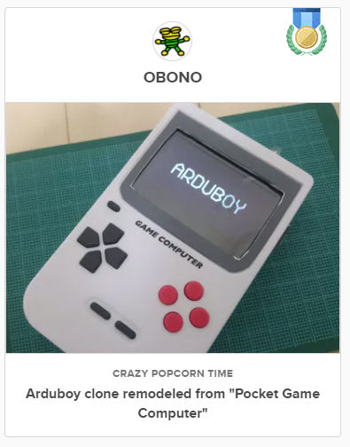 OBONO's tweet image. DIY #arduboy コンテストで CRAZY POPCORN TIME 賞をいただきました。ありがとうございます。
#hackster
hackster.io/contests/ardub…