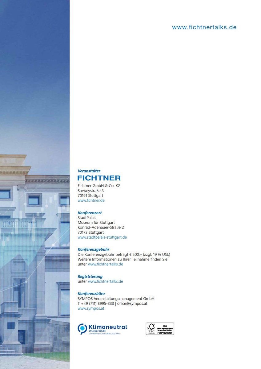 FIT_Fichtner's tweet photo. Die FICHTNER Talks finden jährlich im September in Stuttgart statt. Dieses Mal am 20. September 2021 im StadtPalais – Museum für Stuttgart. Informieren Sie sich jetzt auf unserer Website und sichern Sie sich eines der begehrten Tickets! https://t.co/T0nExFX32E #FICHTNERtalks https://t.co/0SLoXPgvCw