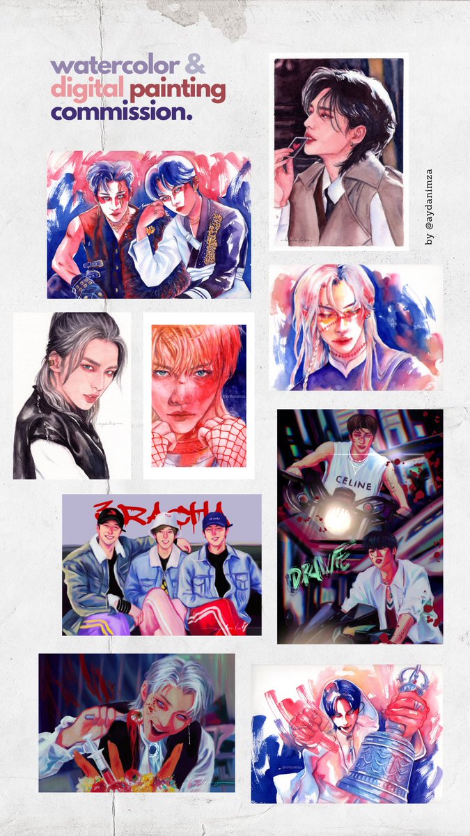 OPEN COMMISSION ๐ง๐จโจ
hello! i'm open commission for portrait watercolor & digital painting. if you're interested, please read terms of service before then contact me via DM ๐ฉ thank you!
(RTs & likes will be much appreciated ๐ฅบ๐๐ป)