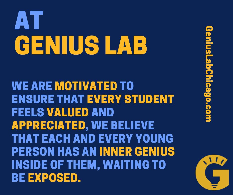 GeniusLabChi's tweet photo. We believe that every student is unique and has the potential for greatness. Every one has an inner genius waiting to be unlocked.

#GeniusLab #STEM #EducationalProgram #Genius #programsforyouth https://t.co/zHBVCApA19