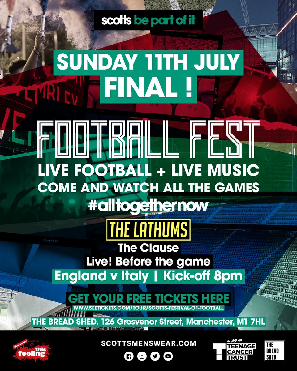 What about this then?

England are in the final of the Euros and it calls for a celebration, only right it happens in Manchester with the <a href="/This_Feeling/">This Feeling</a> gang ain’t it? We support <a href="/TheLathums/">THE LATHUMS</a> Sunday evening at <a href="/TheBreadShedMcr/">TheBreadShed</a> 

Rt this and follow us to win a table of 6.

COME ON🏴󠁧󠁢󠁥󠁮󠁧󠁿