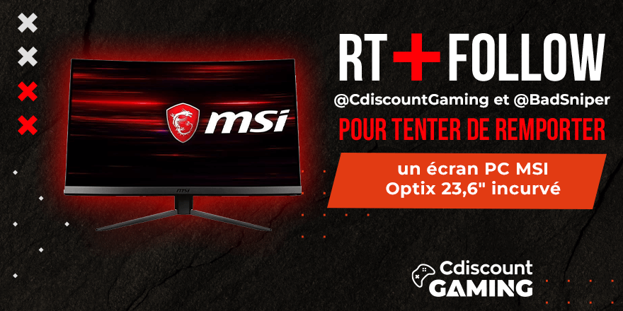 BadSniper's tweet photo. Heyy les petits potes, petit concours, c'est pas souvent que j'en fait alors profitez-en 😁
🎁 #CONCOURS  
Tentez de remporter un écran PC incurvé  23,6" MSI : https://t.co/MZmbfO4Idk

Pour cela : RT + FOLLOW @CdiscountGaming et @BadSniper 

⌛ TAS le 20/07 https://t.co/m8UyEKODBS