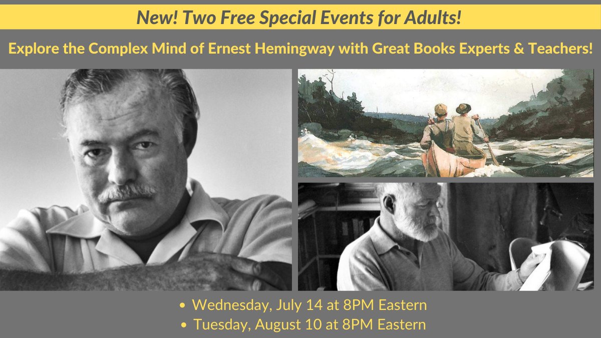 GBSPcamp's tweet photo. NEW! Join us ONLINE for two free Great Books Special Events this Summer for adults (July 14 &amp; Aug. 10) discussing the celebrated life and prize-winning works of Hemingway. Learn more at https://t.co/kdVVTtOVf6
#gbsp #greatbooksforadults @DailyHemingway #hemingway #GBOnline https://t.co/mRSHzgNyjQ
