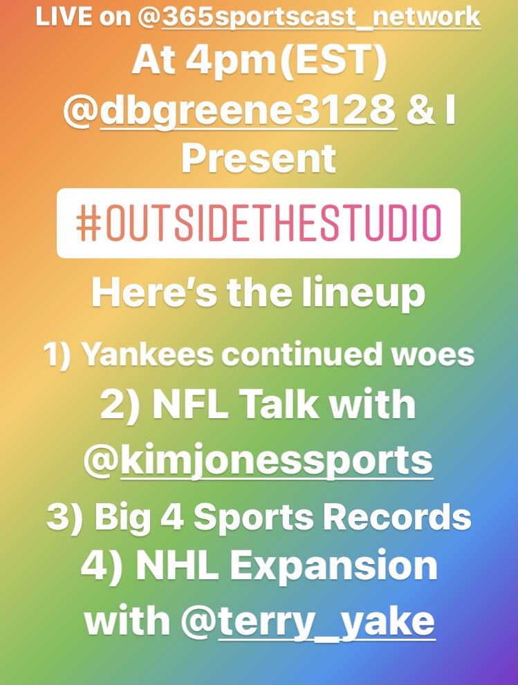 MatthewBlittner's tweet photo. . @dbgreene3128 &amp; I present #OutsideTheStudio 

TODAY LIVE 4pm(EST) on @365Sportscast 

Guests: @KimJonesSports &amp; Terry Yake https://t.co/Cb8TFhEX1p