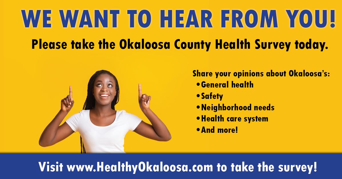 OkaloosaSWAT's tweet photo. The Okaloosa County Health Survey by @FLHealthEmerald is now LIVE! Please share your opinions about Okaloosa’s general health, safety, neighborhood needs, health care systems and much more! Click here to take the survey: https://t.co/wKjhWxhV5I https://t.co/PVJ7nRrOdU