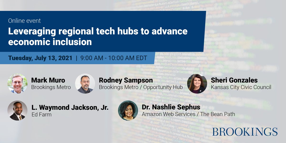 Join us TUESDAY to talk about how regional tech hubs can stimulate regional ecosystem building, with benefits for economic inclusion and equity 

Register here: brook.gs/3yyoANh

Talk from <a href="/rodneysampson/">Rodney Sampson</a> <a href="/justsheri/">Sheri Gonzales</a> <a href="/LeondrasJr/">L Waymond Jackson Jr</a> <a href="/phenomenashlie/">Nashlie Sephus, PhD</a> and myself 

<a href="/BrookingsMetro/">Brookings Metro</a>