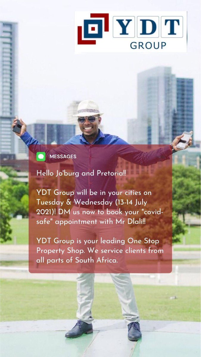 ydtGroupOnline's tweet photo. Hello #Johannesburg &amp; #Pretoria 

DM us now for your appointment with Mr @YabelaDlali 

We’re on a countrywide voyage to service all the clients we have in various parts of #southafrica 🇿🇦 

#ydtgroup #onestoppropertyshop #homeloan #buyproperty #propertymanagement #creditrepair https://t.co/qcXXnD5ywf