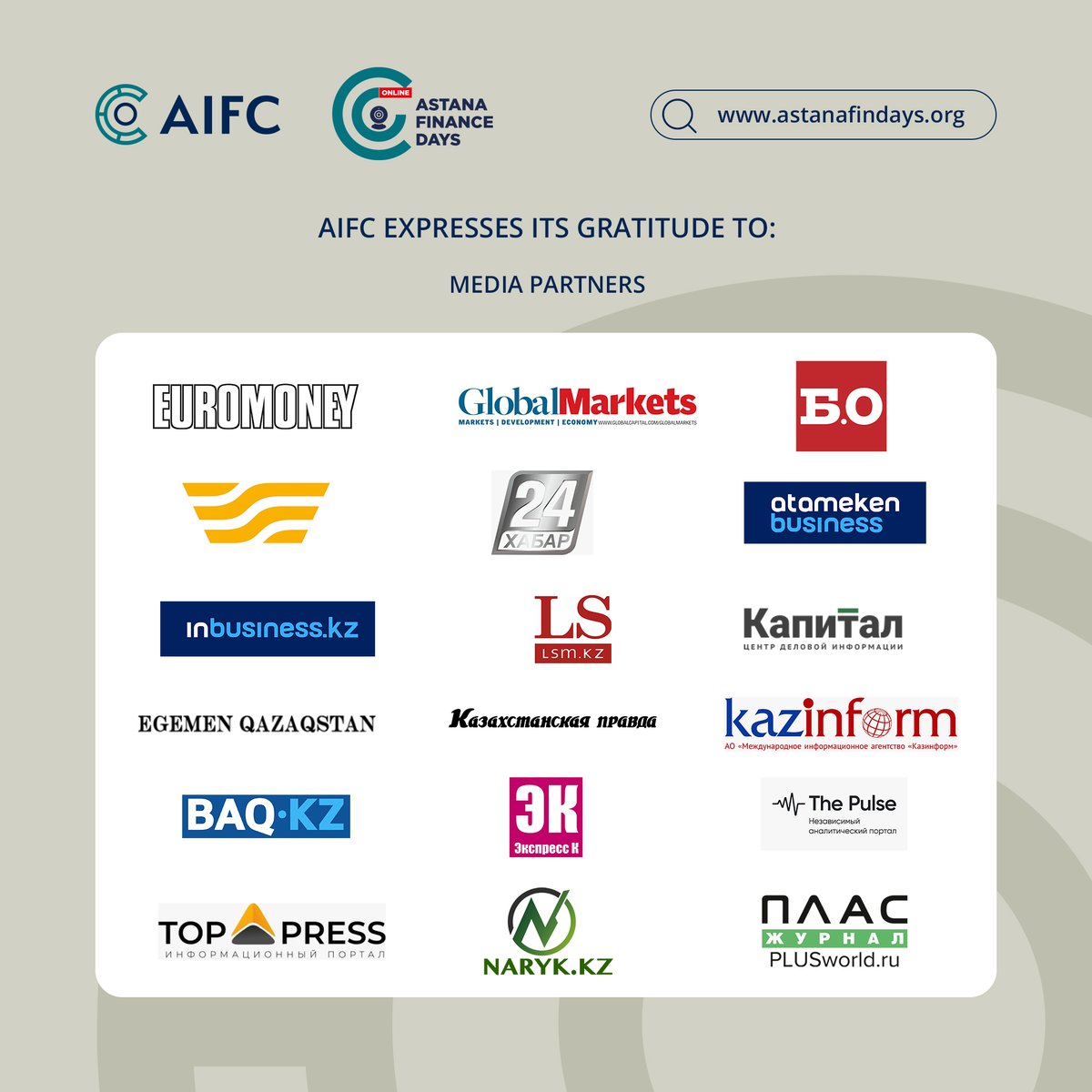 AIFC_KZ's tweet photo. Dear Partners of the Astana Finance Days 2021,
The AIFC team expresses its gratitude for supporting the 4th annual conference.
⠀
We hope you had a great time during the AFD and enjoyed the opportunities offered by this conference. Thanks to your sponsorship and support! https://t.co/BFVzoRt6Kr