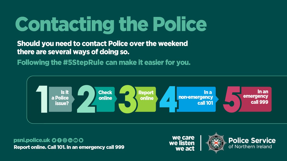 PoliceServiceNI's tweet photo. There are a number of ways you can contact us when you need us.

Following the #5StepRule can make this easier for you. https://t.co/aKaLS9I3KZ