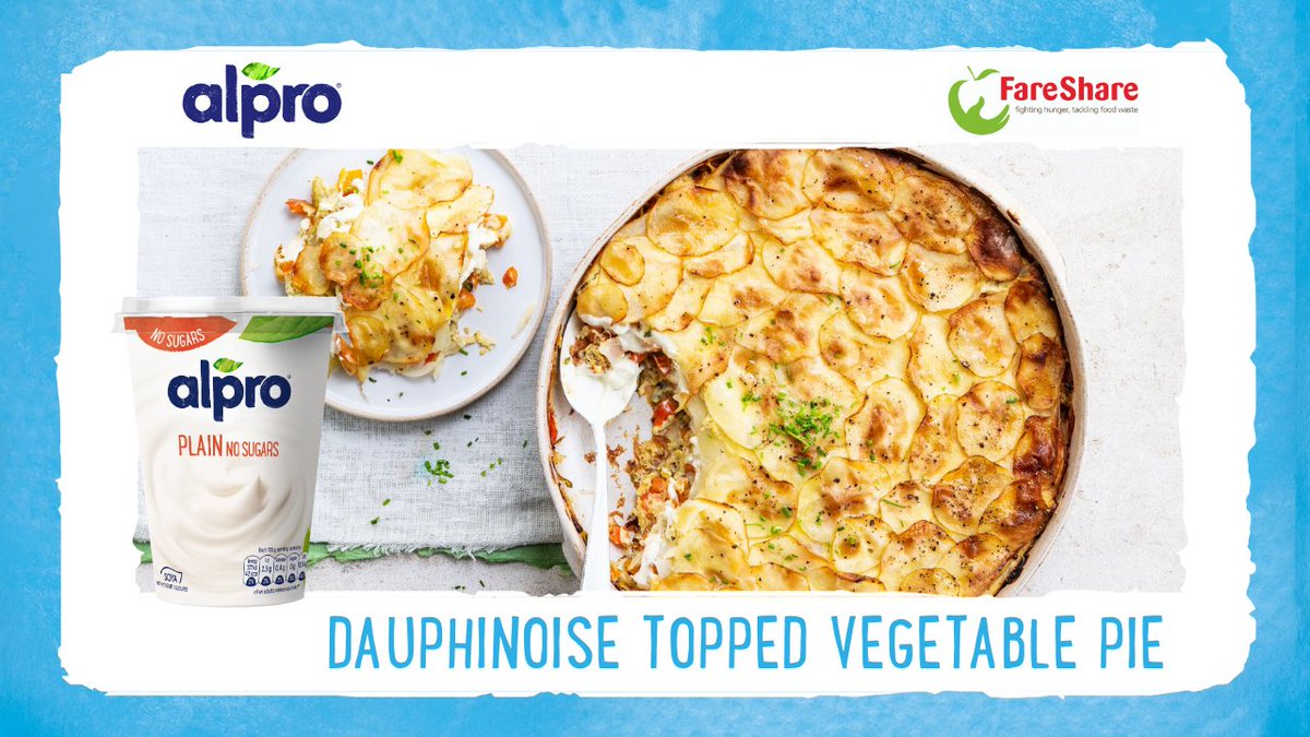 FareShareUK's tweet photo. Dauphinoise topped Vegetable Pie from @Alpro. A tasty way to use up surplus vegetables & @Alpro plant-based yogurt alternative. Serve as a vegetarian main or an accompaniment to your favourite dish.
Watch the video recipe https://t.co/qkl9hjt5JH #planetarydiets #SurplusSupper https://t.co/U2x96j3BZb