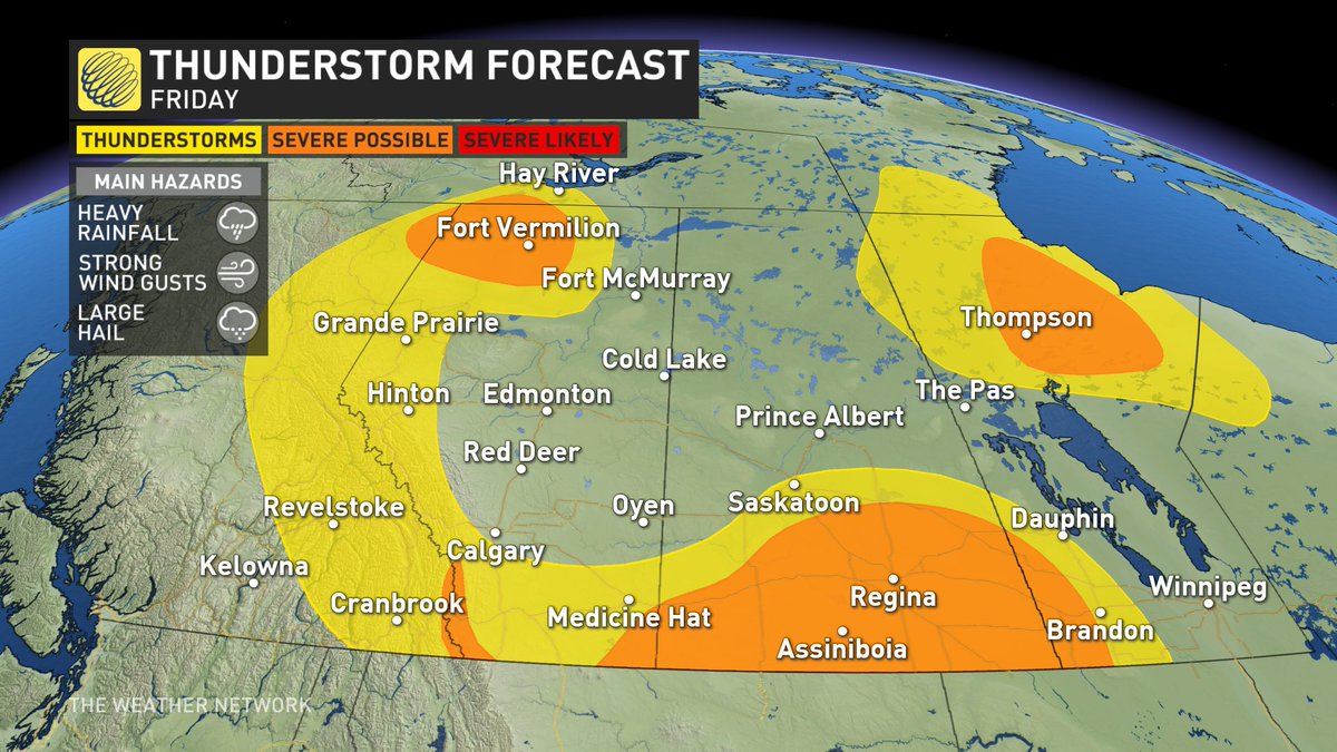 MurphTWN's tweet photo. It should be a mostly sunny day in #Calgary for the kickoff of #stampede2021! However, it will be another day of #thunderstorms scattered across the Prairies. Saturday's cold front & risk of storms in #Edmonton will usher in cooler air for the city on Sunday. #PRstorm https://t.co/ycklSS0M0g