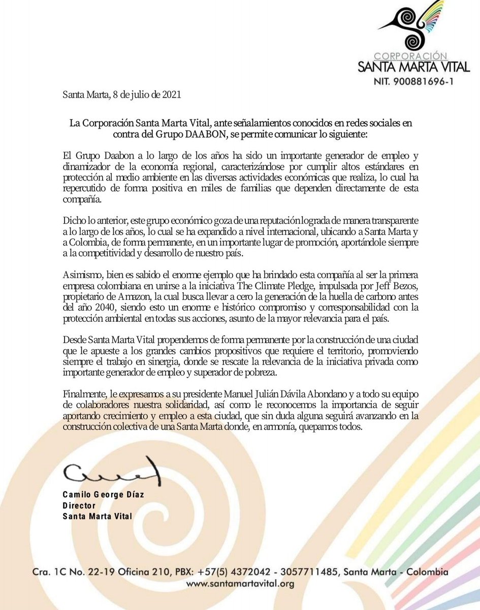 ProsantamartaV's tweet photo. Comunicado a la opinión pública 

@DaabonOrganics es una importante compañía generadora de empleo y dinamizadora de la economía regional, con altos estándares en protección al medioambiente, aportando transparentemente a la competitividad y  transformación positiva del territorio https://t.co/qMyxXCHbDW