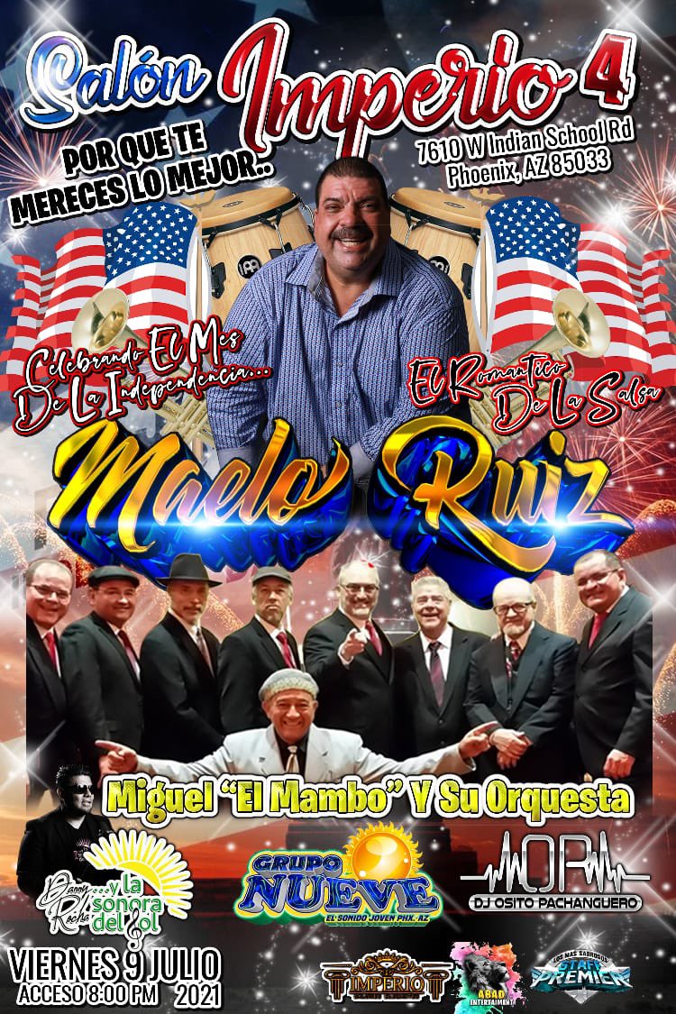 Esta noche nuestro artista exclusivo <a href="/Maelo__Ruiz/">Maelo Ruiz</a> estará llevando su repertorio en el “Salón Imperio 4” de la ciudad de Phoenix Arizona. Busca tu ticket ya ! #MaeloRuiz #OtraVezMaeloRuiz #Phoenix #Arizona #PhoenixSuns