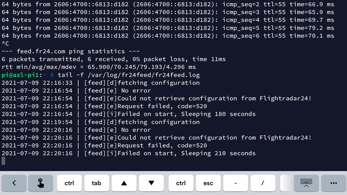 az1zuL's tweet photo. Feeder is down, log says i’m not able to retrieve @flightradar24 config. Pinging to server is ok. #fr24 #fr24feed https://t.co/X1FaXJNX9o