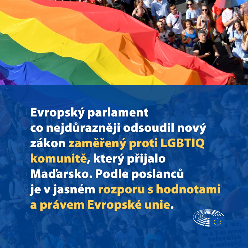 Europarl_CZ's tweet photo. 🇭🇺🇪🇺 V usnesení přijatém na červencovém plénu poměrem hlasů 

459 (pro): 147 (proti): 58 (zdrželo se hlasování)

poslanci odsoudili nový maďarský zákon zaměřený proti LGBTIQ komunitě. 🏳️‍🌈 Podle jejich názoru představuje jasné porušení základních práv EU.